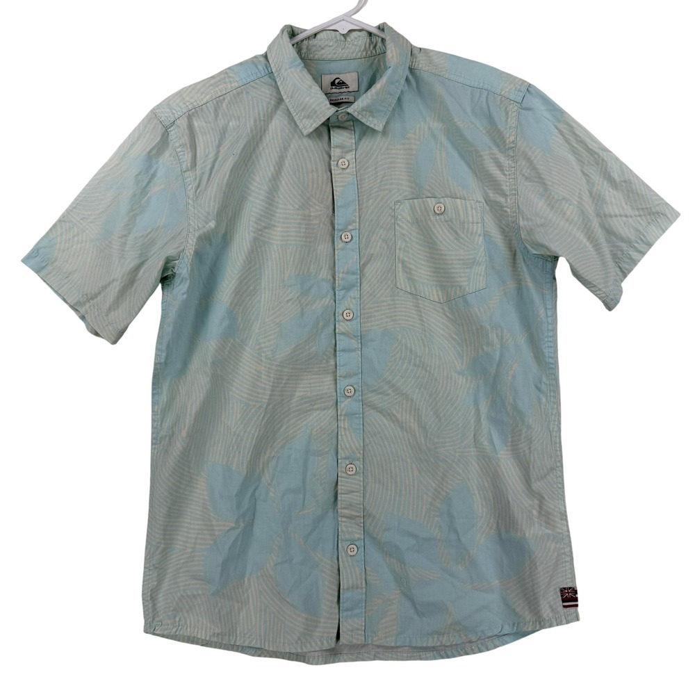 Quiksilver Shirt Boys XL/16 Blue Floral HI Carved Paddle Short Sleeve Button Up
